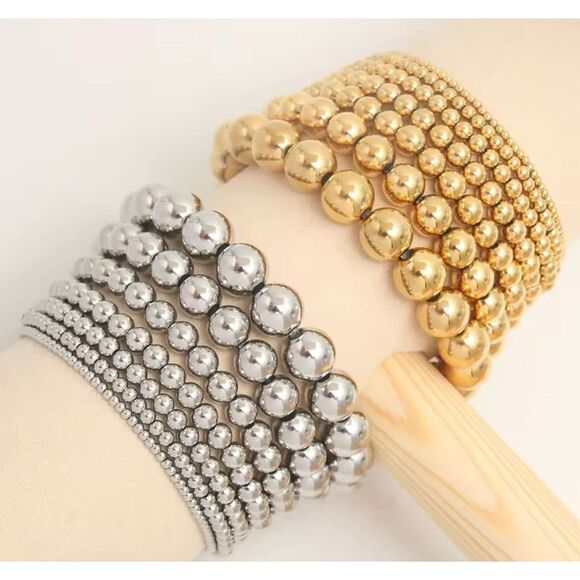 3 Piece Silver Ball Stackable Bracelet Set Stainless Steel Chic Trendy Y2k - Picture 1 of 7